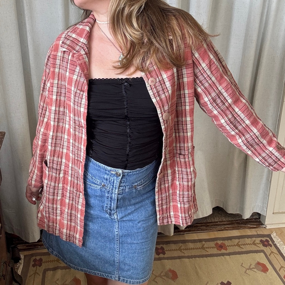 Vintage Woven Linen Plaid Jacket • Size: S